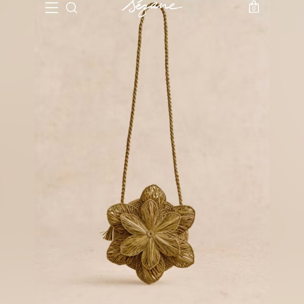 Sezane Olive Raffia Floral Crossbody Bag